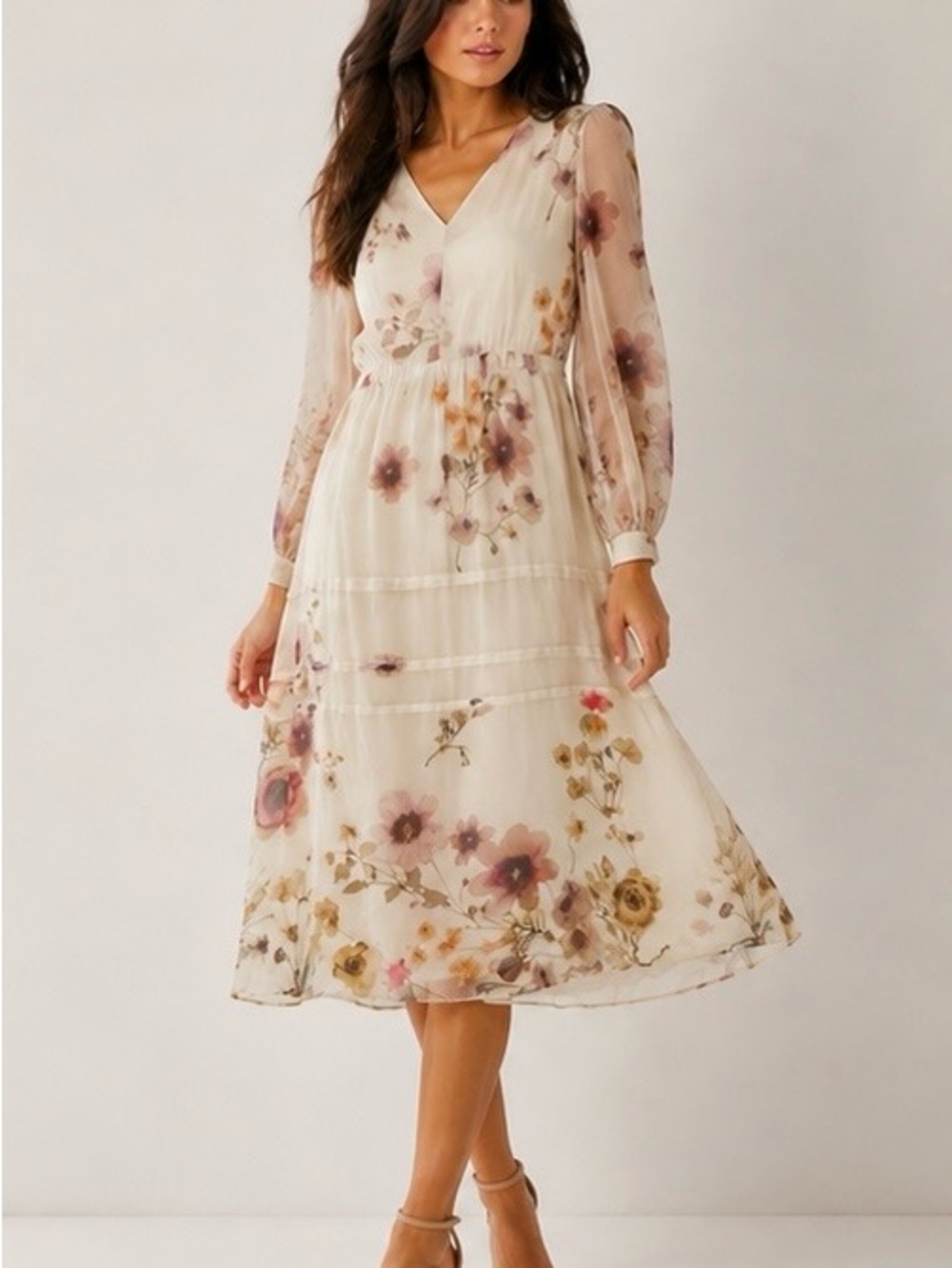 Massimo Dutti 100% Silk Chiffon Floral Midi Dress size 4